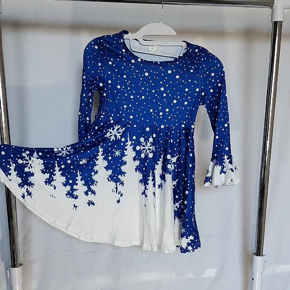SHEIN Blue and White Snowflake Kids Dress